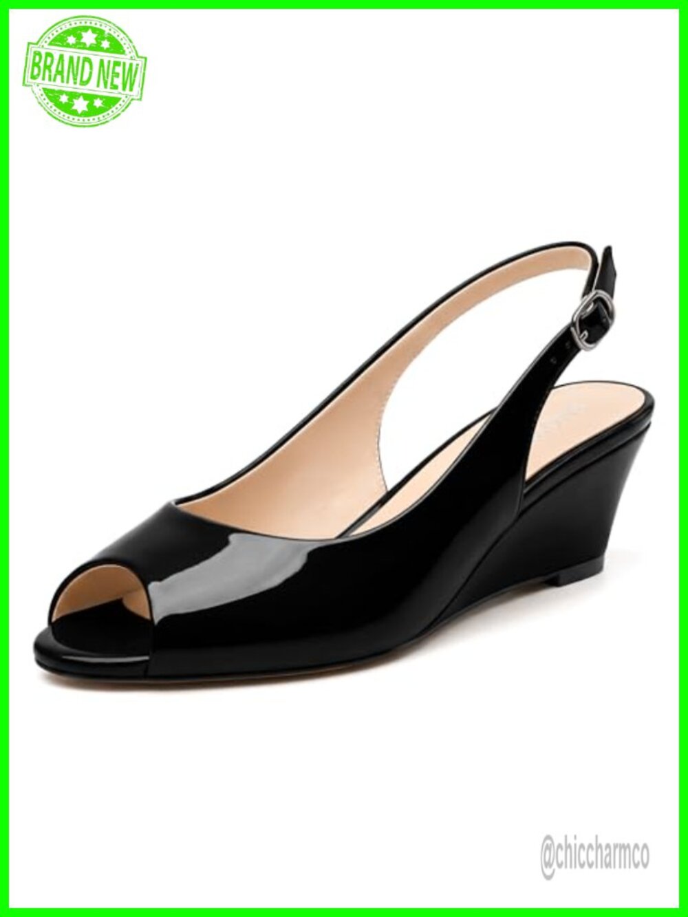 Women's Peep Toe Wedge Slingback Pumps 2 Inch Patent Dress Shoes for Work